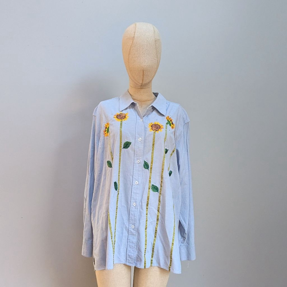 Quacker Factory Sunflower Button Down Denim Shirt - 1X